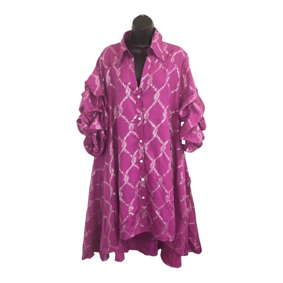 Pink & silver metallic puffy sleeve button down regal hi low dress size 1X new - Picture 1 of 17